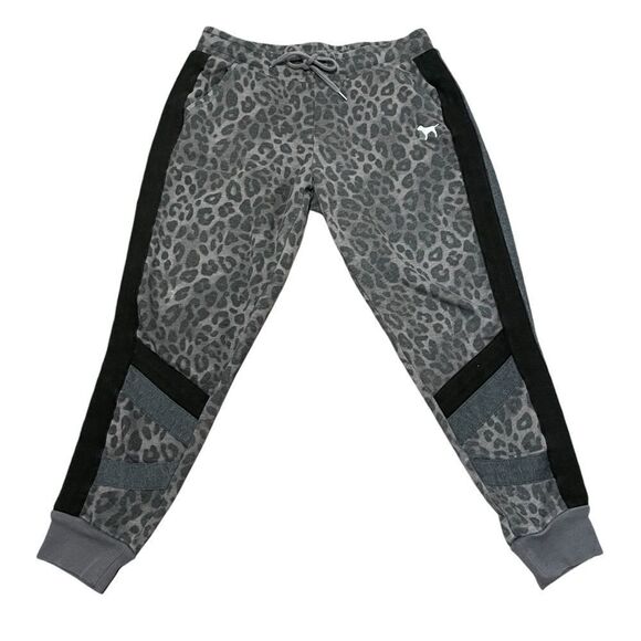 Victoria’s Secret Pink Leopard Thick Fleece Joggers Gray Black White Size Medium - Picture 1 of 14